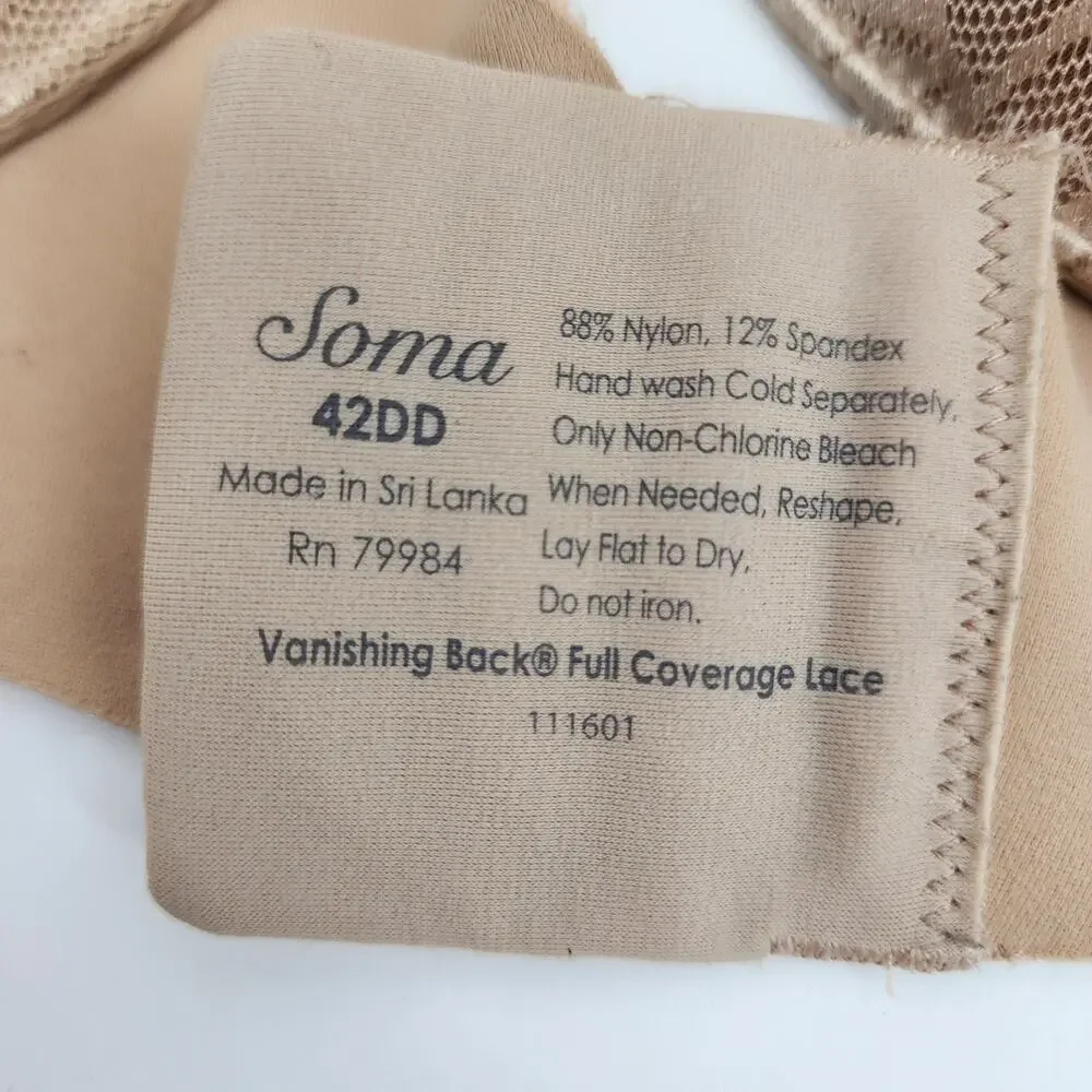 Soma Vanishing Back Full Coverage Underwire Floral Lace Bra Size 42DD